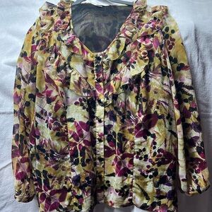 🌷CJ Banks Green and Purple Blouse with Ruffled Style and Long Sleeves